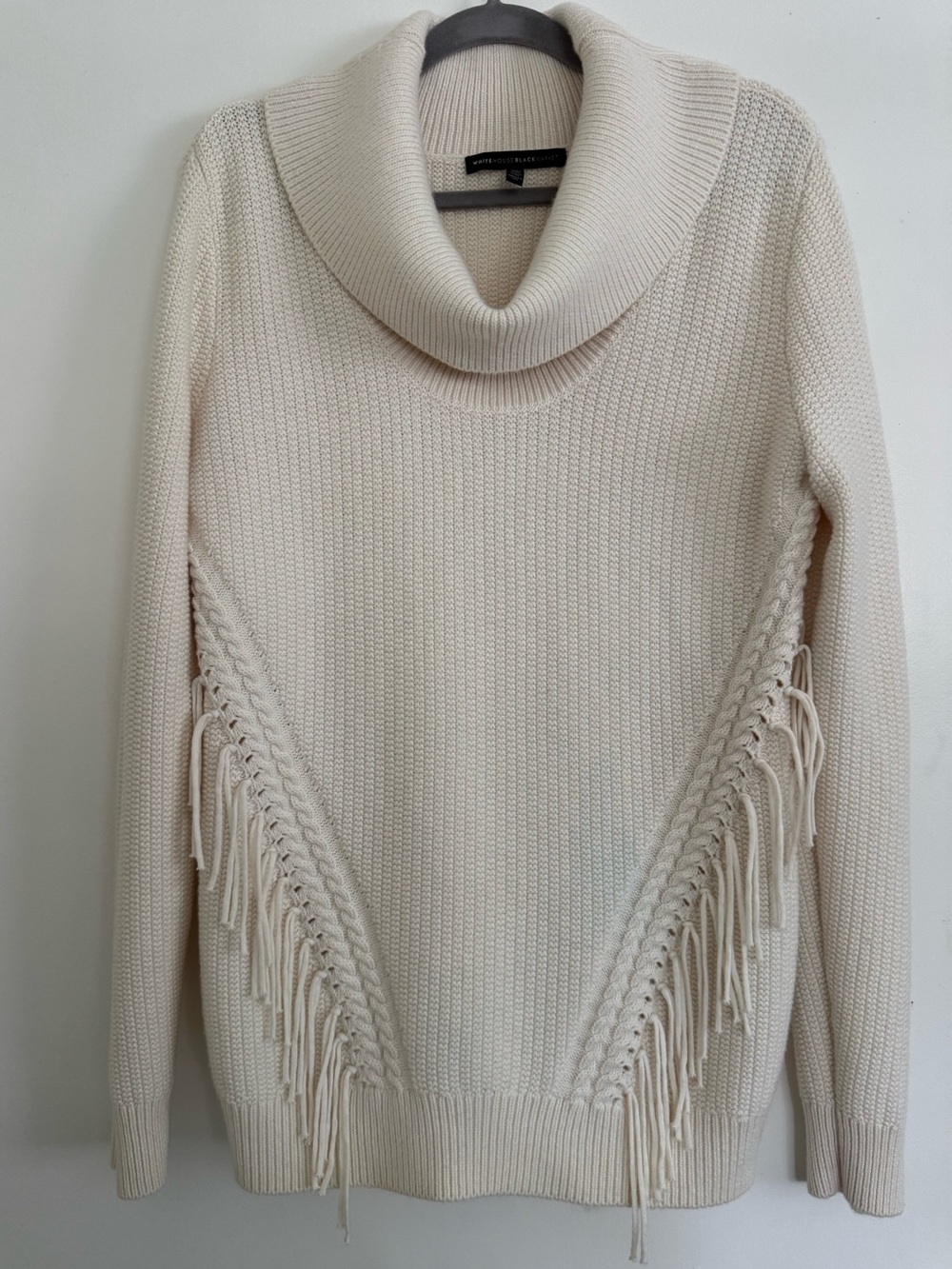 EUC XL WHBM Cowl Neck Ivory Fringe Cable Knit Turtleneck Sweater